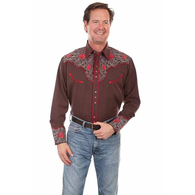 (image for) Snap Front Poly/Rayon Western Shirt Red Roses Embroidery
